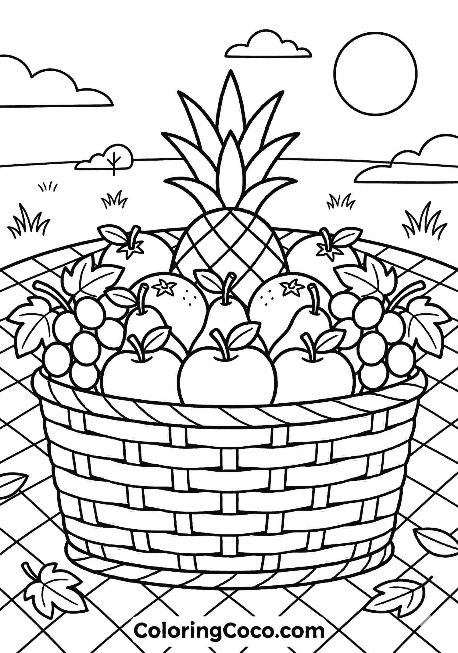 Basket fruits on picnic cloth