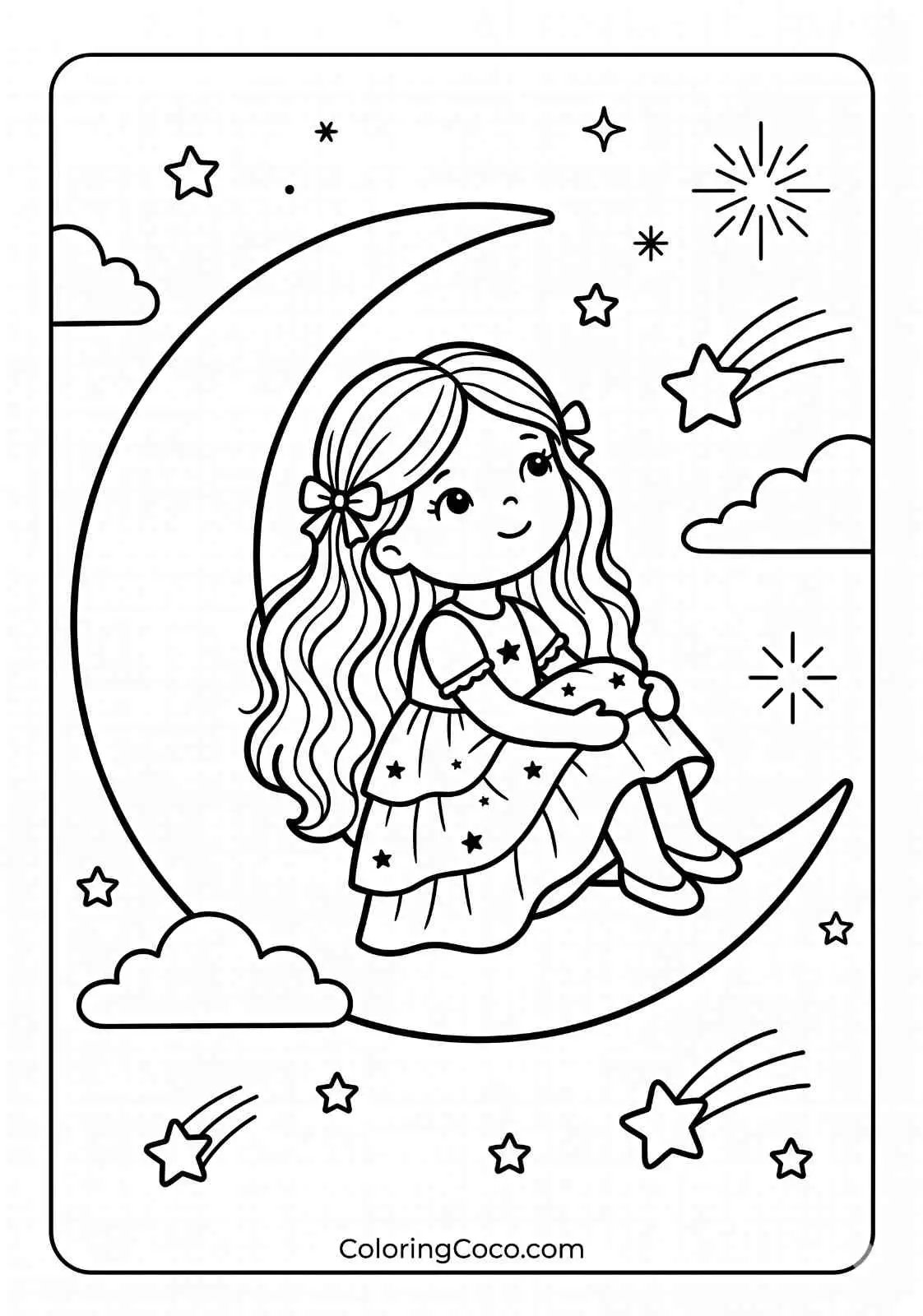 Cute doll sitting on moon