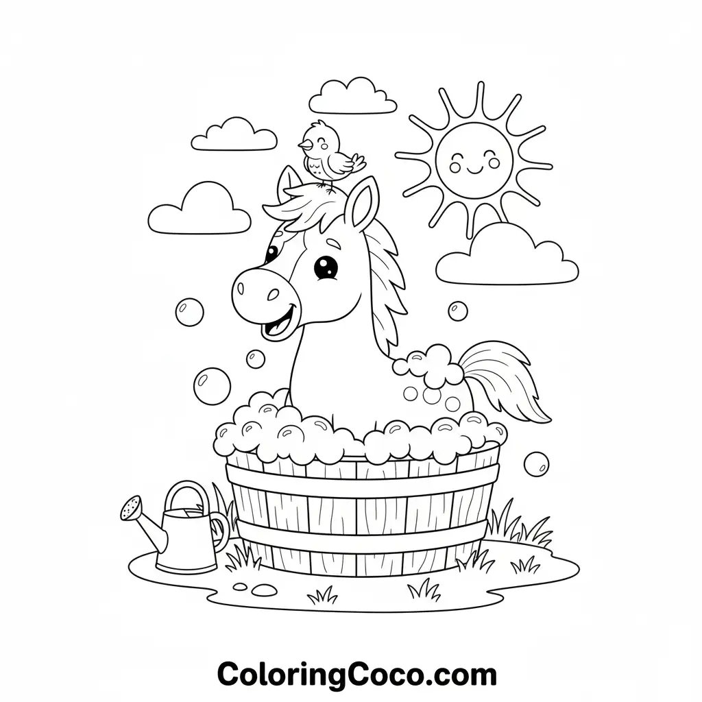 cute horse bathing in tub