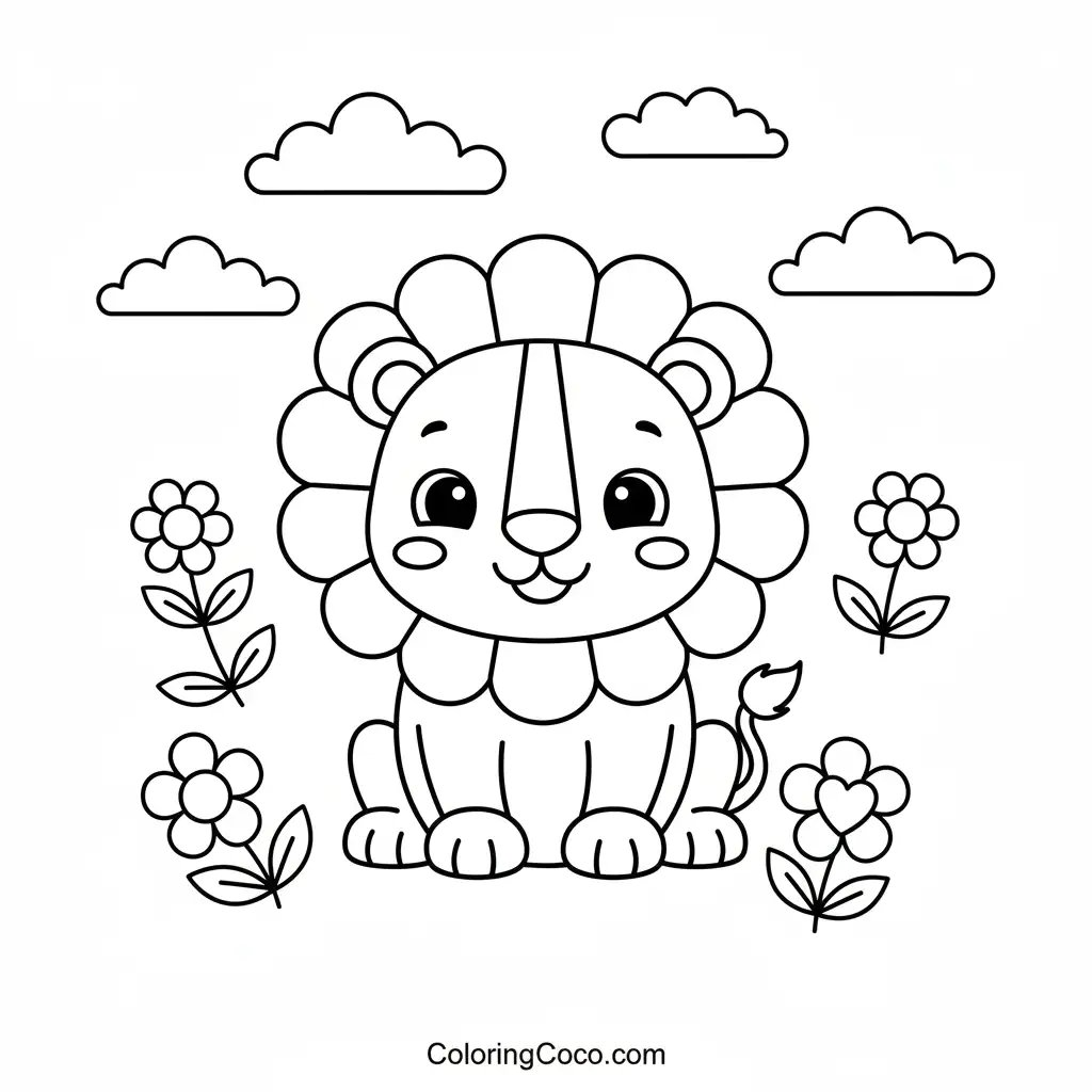 cute lion with beautiful flowers