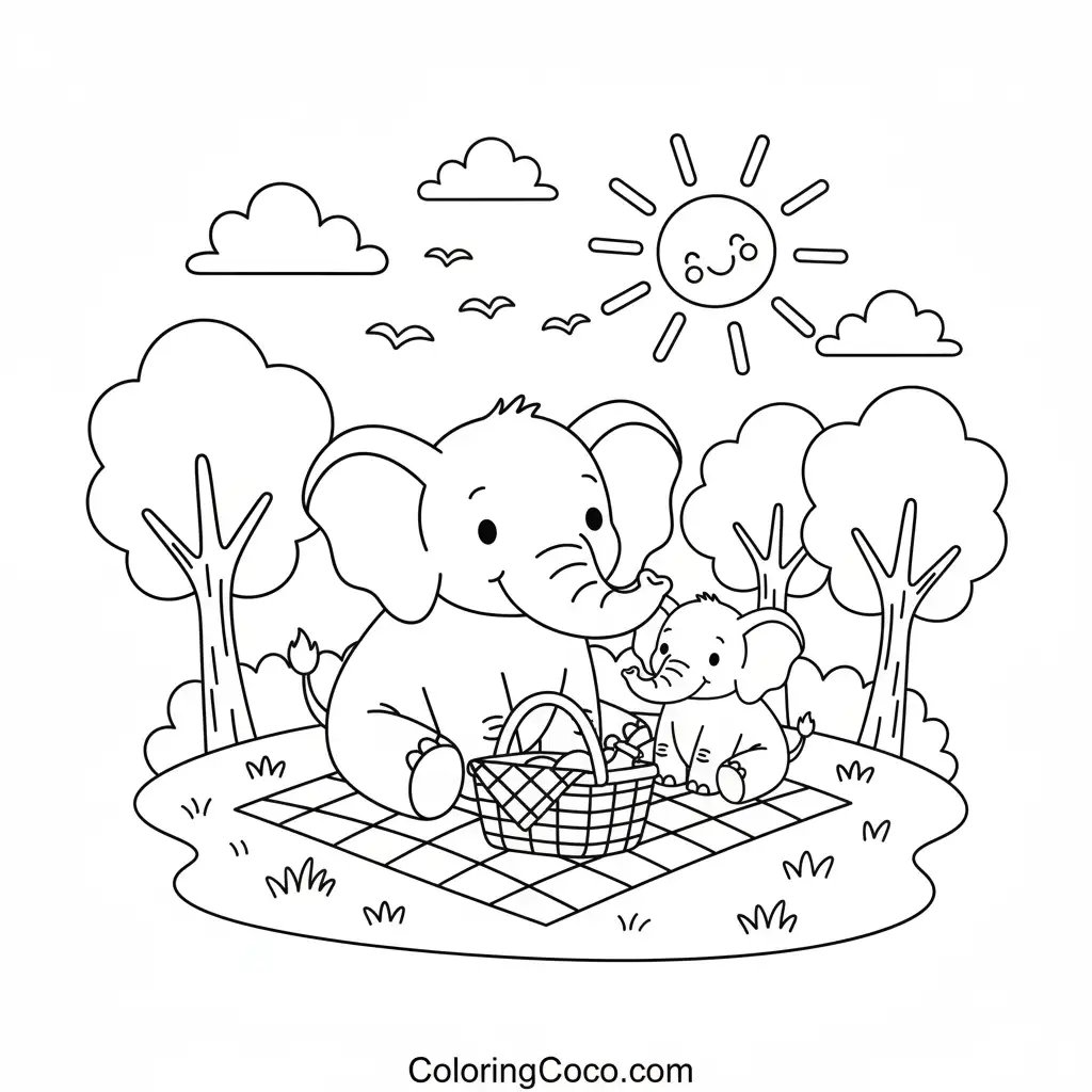 Elephant family at picnic