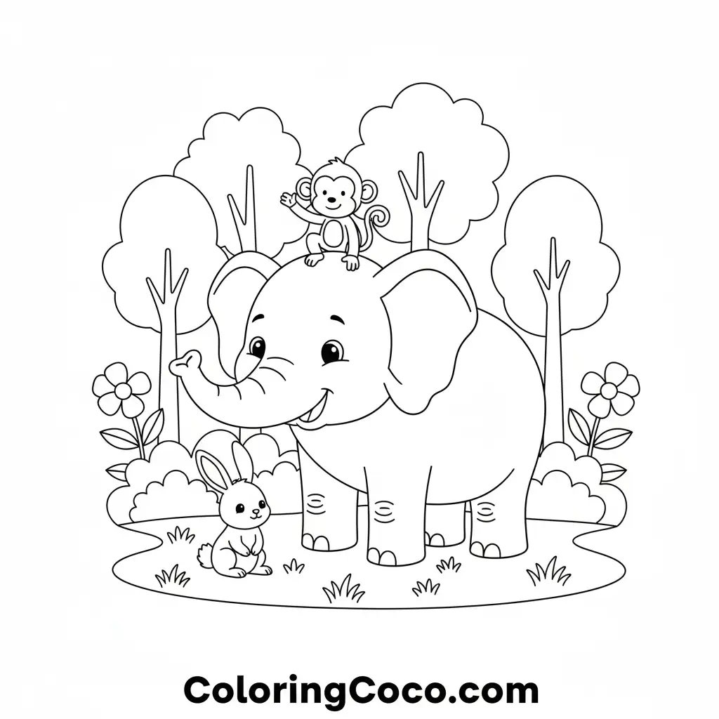 Elephant with his friend rabbit and monkey playing in jungle