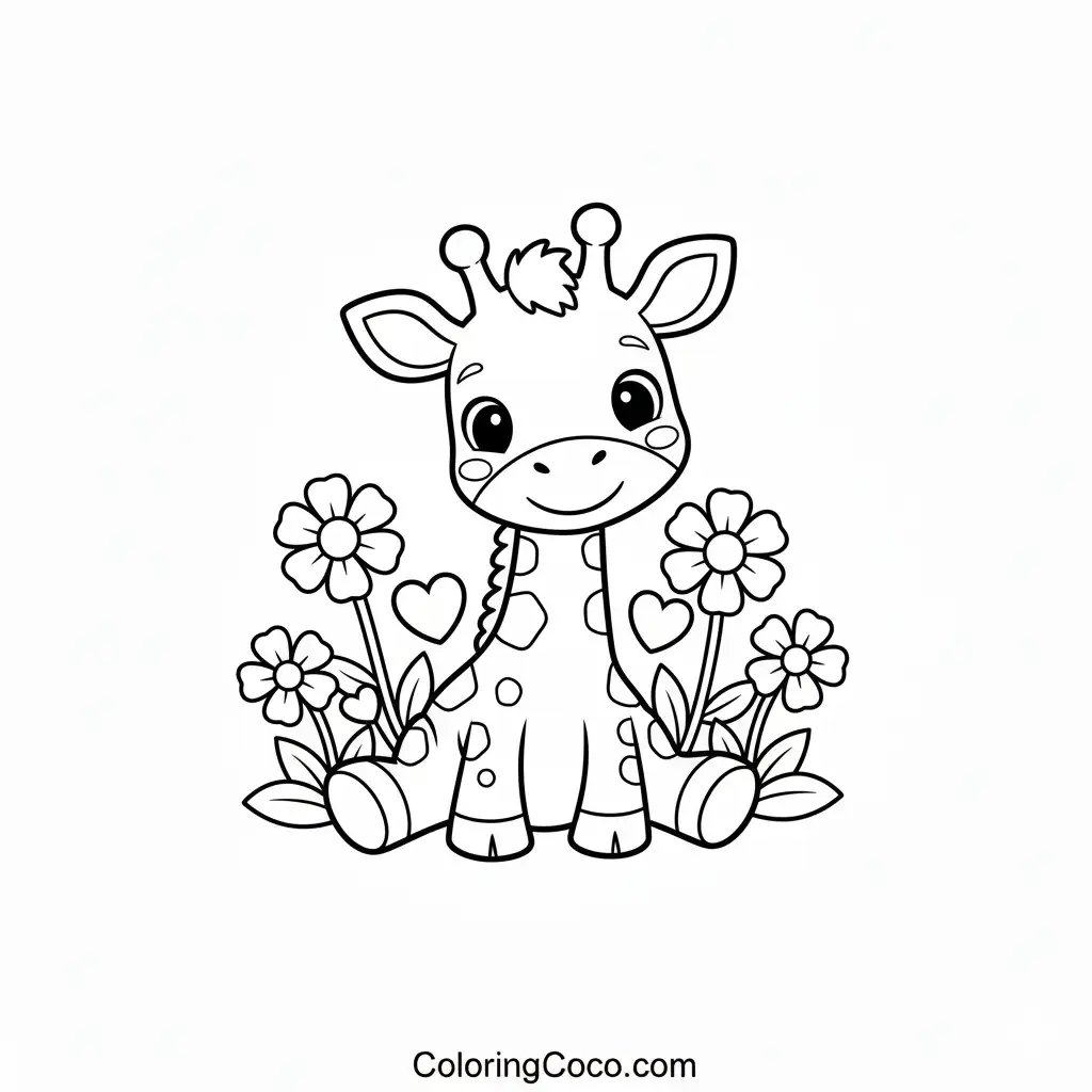 Giraffe sitting with beautiful flowers