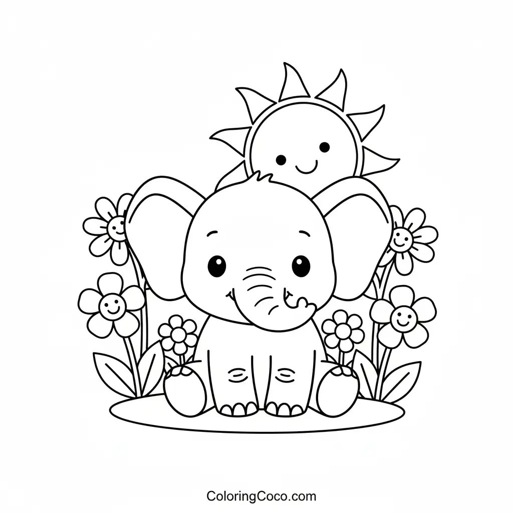 sitting elephant with flower and cute sun behind