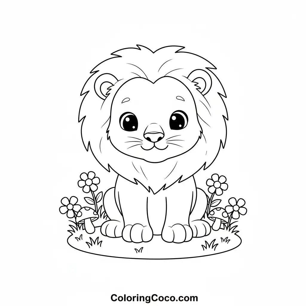 Sitting lion around with beautiful flower